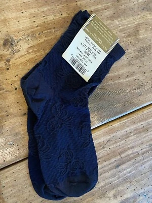 CALCETINES TOBILLO PUNTA DORADA VINTAGE ~ Talla 10-1 ~ AZUL MARINO Elevado Floral ALGODÓN-Nylon Nuevos con Etiquetas Foto 1 de 4