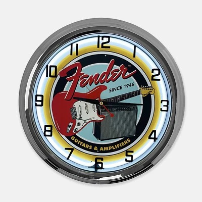 18" Fender Guitars & Amplifiers Metal Sign Designed White Neon Clock - Image 1 of 4