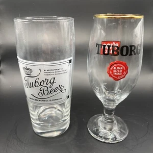TUBORG Juego de 2 vasos de cerveza pinta borde dorado vástago bar pub Dinamarca .3L - Imagen 1 de 11