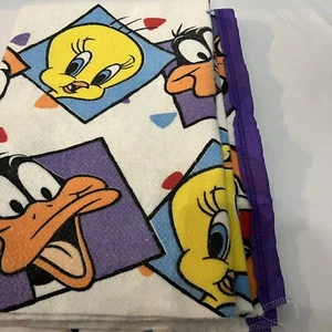 Vintage LOONEY TUNES kids Blanket Purple Binding 90s USA Bugs Tweety Daffy Used - Picture 1 of 6