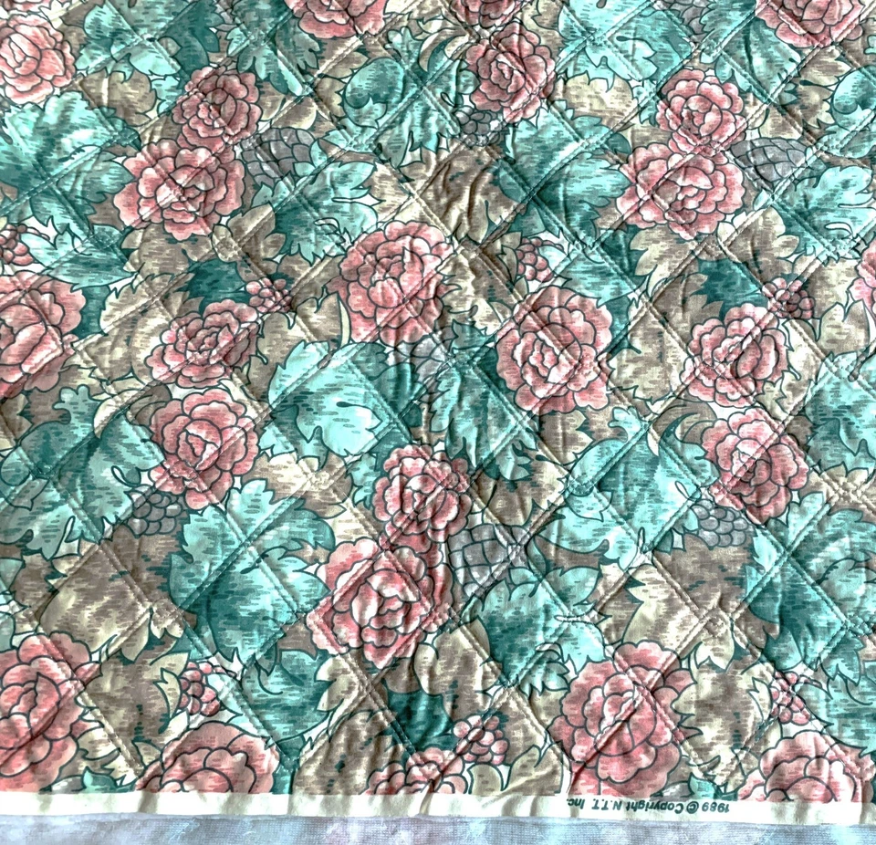 BTY 1989 NTT Inc PRE-QUILTED FLORAL FABRIC Quilted N.T.T. Flowers PINK GREEN - Image 1 of 1