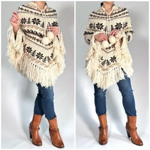 J.Crew Womans Poncho Wool Retro Vintage One Size Off-White Tan Brown Hood - Picture 1 of 12