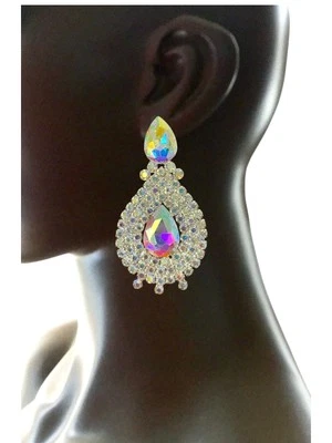 "Pendientes de fiesta grandes de 3,75"" de largo con clip cristales de aurora boreal" Foto 1 de 3