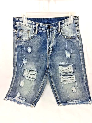 Shorts jeans desgastado masculino grande sem marca 14 anos menino azul claro lavado - Imagem 1 de 4