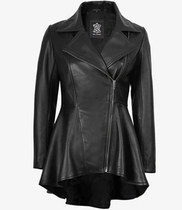 Chaqueta estilo abrigo de cuero peplum negro clásico Clarissa para mujer talla mediana - Imagen 1 de 5