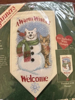 Vintage Banners Dimensions 1998 A Warm Winter Welcome Folk Art Cat Snowman 8585 - Image 1 of 3