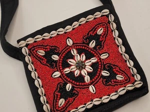 Vintage handgefertigte Kaurimuschel rot Perlen türkis Canvas Messenger Bag defekt - Bild 1 von 19