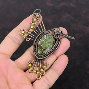 Gift For Her Dragon Bloodstone Wire Wrapped Bird Pendant Copper Jewelry 4.06" - Picture 1 of 6