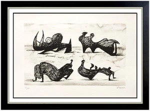 Henry Moore Lithograph HAND SIGNED Authentic Abstract Artwork Silhouette Figures - Picture 1 of 5