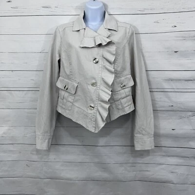 Cabi Jacket Womens Medium Cream Linen Ruffle Button Asymetrical Crop Long Sleeve - Image 1 of 4