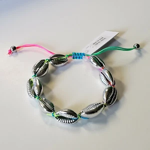 Silver tone Metal Cowrie Puka Shell Bracelet Neon Multicolor Rope Boho Bohemian - Picture 1 of 4