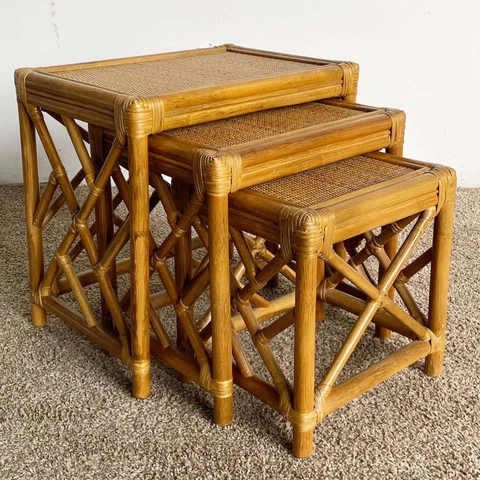 Boho Chic Chippendale Bamboo Rattan and Wicker Nesting Tables - Set of 3 Cover