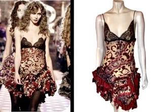Vintage ROBERTO CAVALLI F/W 2004 Red Silk Gold Brocade Mini Slip Dress Sz S - Picture 1 of 12