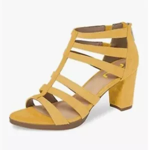 FSJ Yellow Chunky High Heel Sandals Open Toe T-Strap Cutout Back Zipper Shoes - Picture 1 of 8