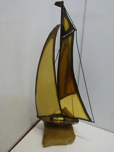 OLD Brass Copper Metal SAIL BOAT Sculpture marble STONE Base NAUTICAL DECOR 19" - Picture 1 of 2