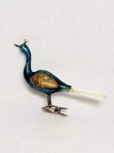 Vintage Natale Vetro Pavone Uccellino Clip On Ornamento Vetro Filato Coda Germania Anni 20 - Foto 1 di 12