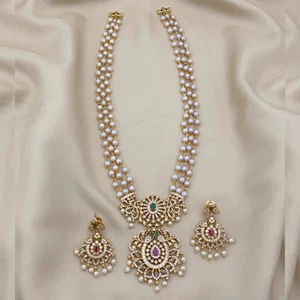 Gold Plated Long Necklace South Indian Pearl CZ Jewelry with Earrings Party Wear - Picture 1 of 14
