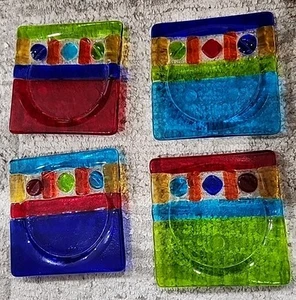 4 verschmolzene Kunst Glas Untersetzer 4" x 4" Quadratisch Blau mit Orange Gelb Grün - Bild 1 von 2