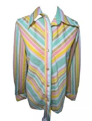 Vtg Shirt 70s Polyester Top Collar Spring Pastel Stripes Pink Aqua Brown L XL 40 - Image 1 of 4