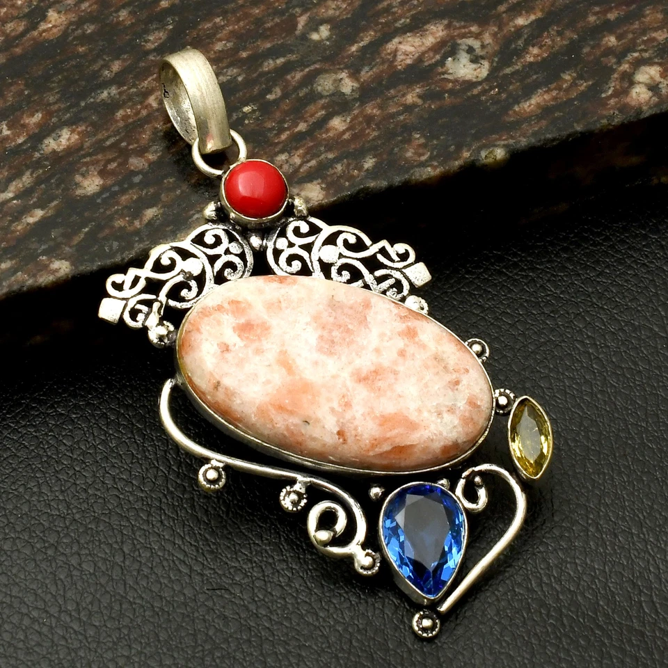 Piedra Solar Coral Piedras Preciosas Hecho a Mano Colgante Joyería Para Año Nuevo 3.2" AP-40714 Foto 1 de 1