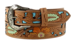 Ariat Western Damen Gürtel Leder lackiert geblümt blau unterlegt hellbraun A1590308 - Bild 1 von 1