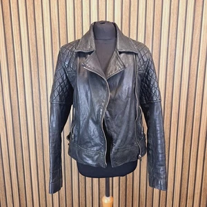AllSaints Walker Biker Black Womens UK 12 Leather Bomber Zip Quilted Shoulders - Picture 1 of 13
