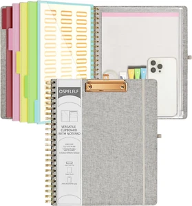 Foldable Spiral Clipboard Folio 5 Folders 10 Pockets Refillable Notepad Grey - Picture 1 of 6