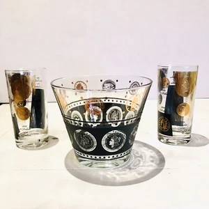 Mid Century Barware Eiskübel & 2 Hi Ball Gläser alt Vintage Münzen schwarz gold - Bild 1 von 9