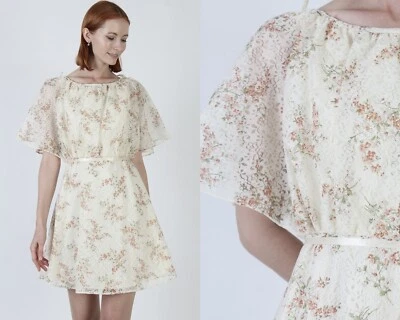 Vtg 70s Split Sleeve Etherial Floral Print Grecian Day Party Mini Dress w/ Belt - Image 1 of 4