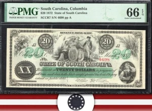 1872 $20 STATE OF SOUTH CAROLINA OBSOLETE BANK NOTE PMG 66 EPQ COLUMBIA, SC 4698 - Picture 1 of 3