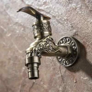 Antique Bronze Zinc Alloy Carved Wall - Mount Decorative Bibcock Outdoor Garden - Picture 1 of 6