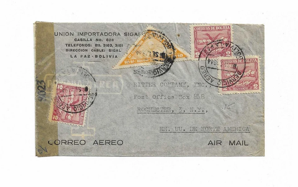 Bolivia 1944 WWII censored airmail cover to US with triangle stamp - Image 1 of 1
