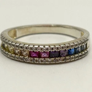 Sterling Silver Multi-Gem Eternity Band Ring Ruby Emerald Aqua Diamond Size 8.25 - Picture 1 of 9