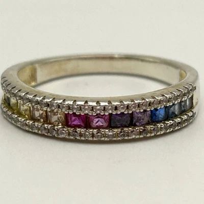 Sterling Silver Multi-Gem Eternity Band Ring Ruby Emerald Aqua Diamond Size 8.25 - Image 1 of 4