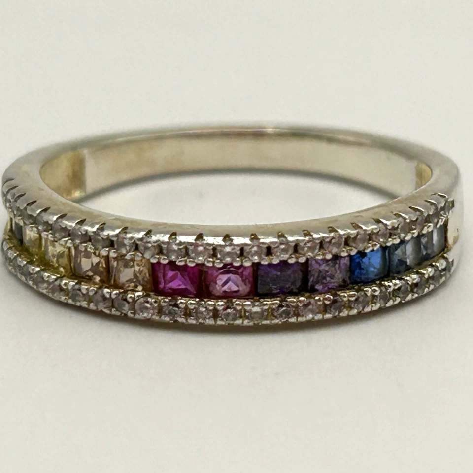 Sterling Silver Multi-Gem Eternity Band Ring Ruby Emerald Aqua Diamond Size 8.25 - Image 1 of 4