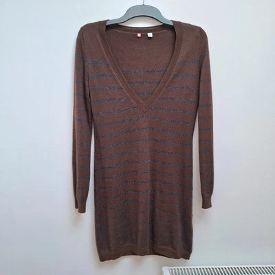 uniqlo jumper dress wool blend small knit tunic v neck brown striped long sleeve - Image 1 of 4