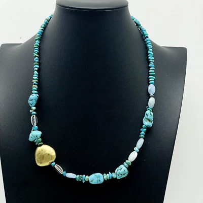 Colar de contas de turquesa falsa COLDWATER CREEK tons mistos de metal étnico nativo SW - Imagem 1 de 4