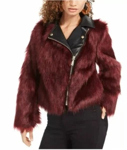 GUESS Savage Faux-Fur Moto Coat Love Bite Berry L - Picture 1 of 16