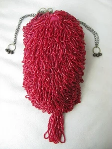 Antique Fringed Candy Apple Red Bead Drawstring Flapper Purse - Picture 1 of 14