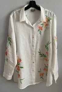 Camicia J. Jill donna 100% lino camicetta floreale ricamata bianca taglia L - Foto 1 di 6