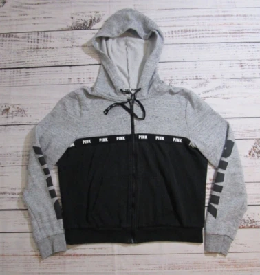 Victorias Secret PINK Black Gray Full Zip Hoodie Sweatshirt Womens Large - Image 1 of 4