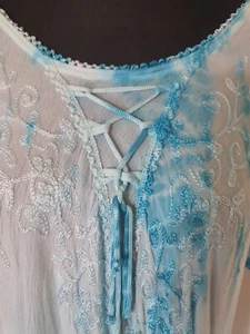 Gypsy Sky Blue White Tie Dye Embroidered Lace Bohemian Hippie Midi Dress OS - Picture 1 of 10