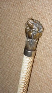 Edwardian Snakeskin Walking Stick / Cane - Intricate Heavy Cast Brass Toad Top - Picture 1 of 13