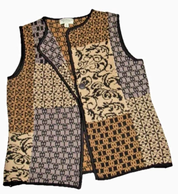 Norm Thompson 女式中号复古背心 - 棕色和黑色毛衣开衫 — 第 1/4 张图片