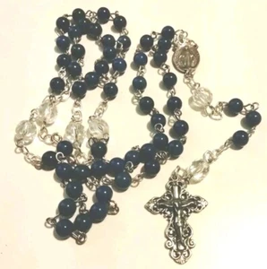 Antique Sterling Silver Filigree Crucifix Blue Glass And Crystal Bead Rosary - Picture 1 of 8