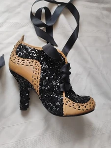  Irregular Choice Sz 7.5 Abigail Victorian Tan Leather & Black Sequin Heels  - Picture 1 of 10