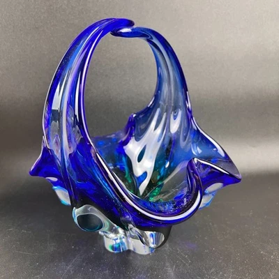 Vintage Tschechischer Sommerso Kunst Glas Korb blau grün Chribska Stil mundgeblasen - Bild 1 von 4