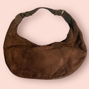 Y2K Vtg Hobo Shoulder Bag Purse Boho Brown Crescent Zip Faux Suede Gold Grommets - Picture 1 of 4