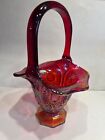 Vintage Indiana Carnival Amberina Red Iridescent Glass Basket 10.5"