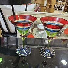 Pier 1 Imports Set of 2 Hand Painted Martini Glasses Festive Gold Rim Colorful 